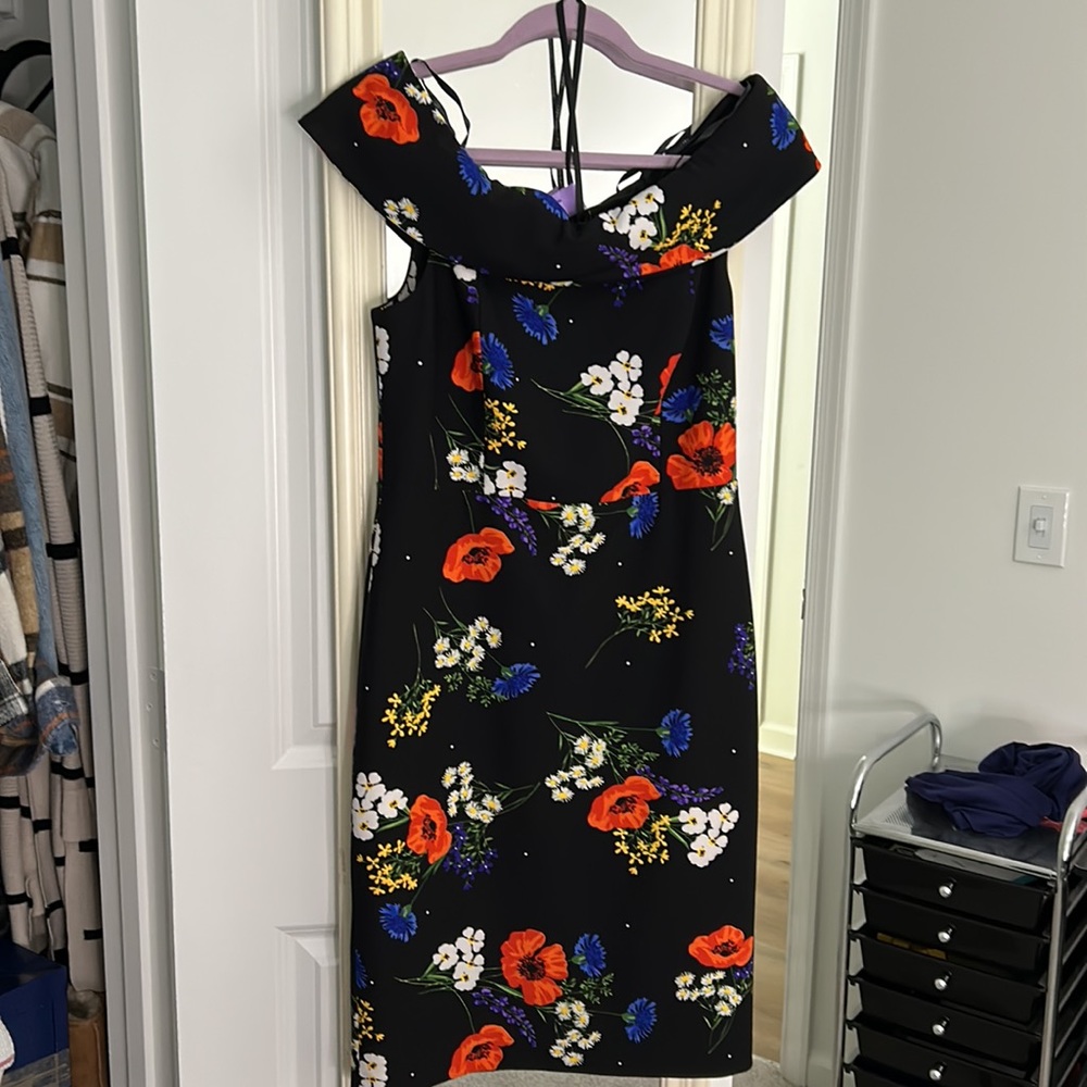 Calvin Klein off shoulder black and floral dress